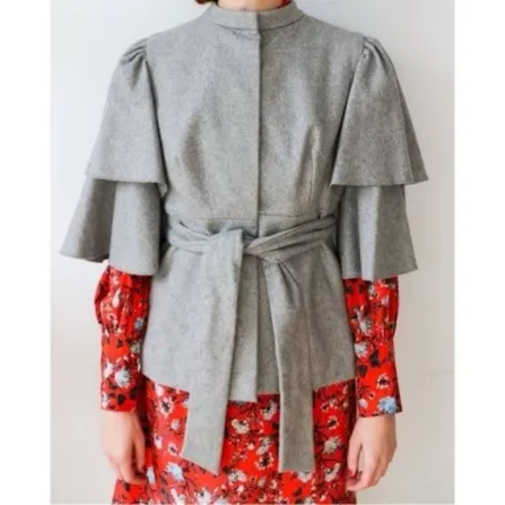 Loeffler Randall Ruffle Sleeve Grey Wool Coat